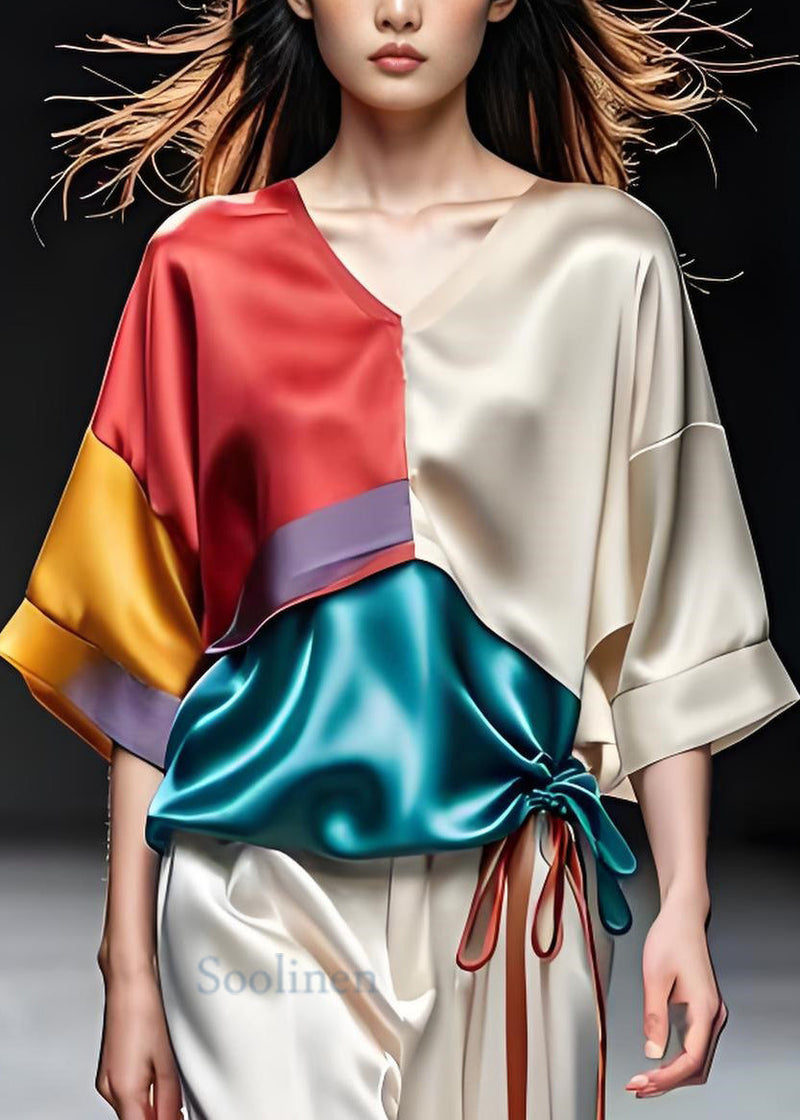 Colorblock V Neck Cinched Patchwork Silk Top Summer