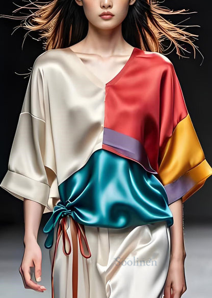 Colorblock V Neck Cinched Patchwork Silk Top Summer
