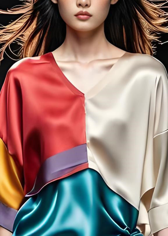 Colorblock V Neck Cinched Patchwork Silk Top Summer