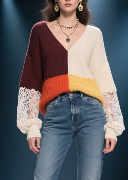 Colorblock V Neck Lace Patchwork Knit Sweater Fall