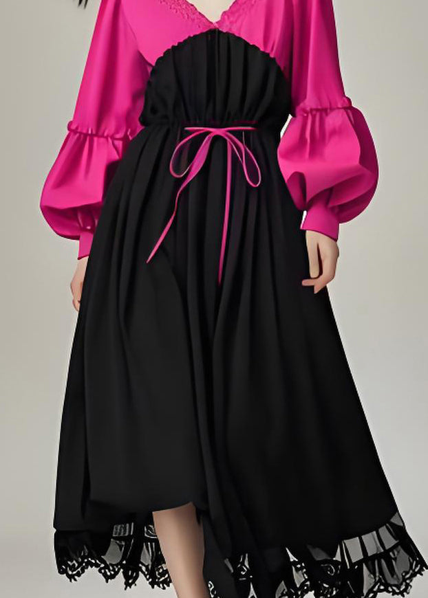 Colorblock V Neck Patchwork Cotton Dress Lantern Sleeve