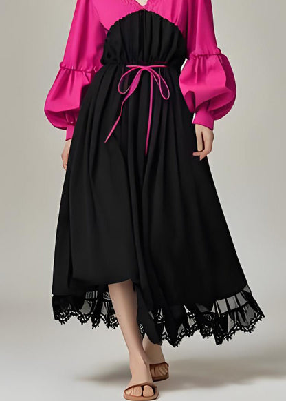 Colorblock V Neck Patchwork Cotton Dress Lantern Sleeve