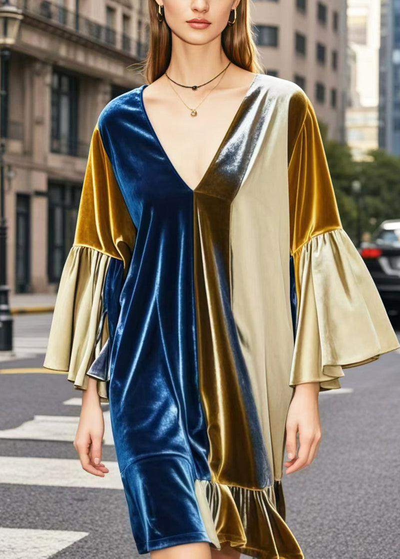 Colorblock V Neck Patchwork Silk Velvet Mid Dresses Spring