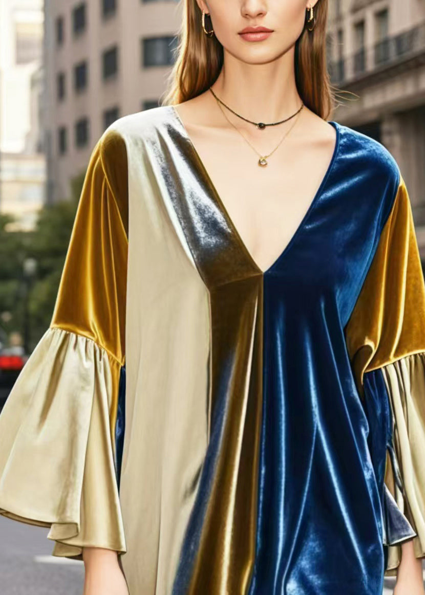 Colorblock V Neck Patchwork Silk Velvet Mid Dresses Spring