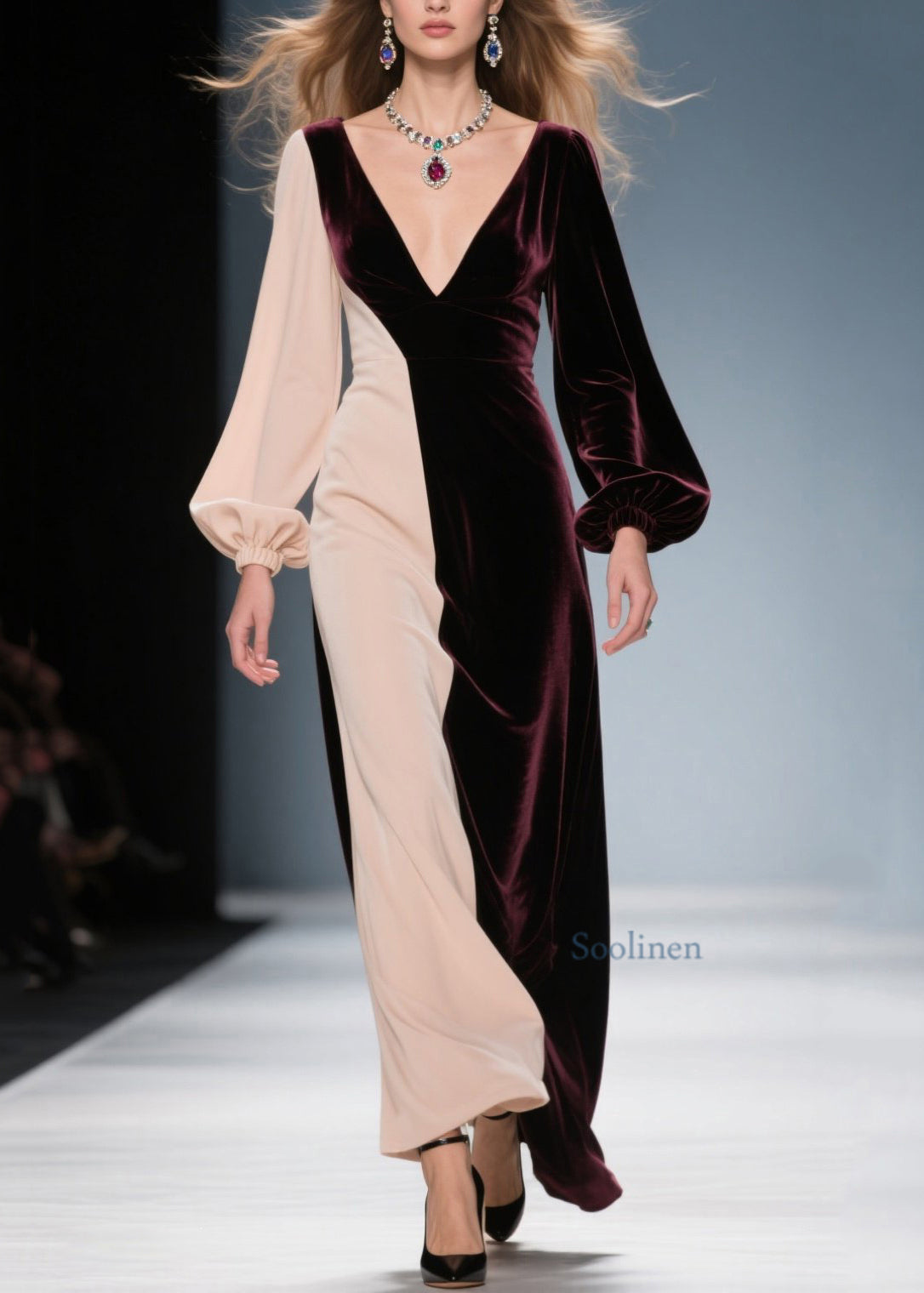 Colorblock V Neck Patchwork Velvet Long Dress Spring