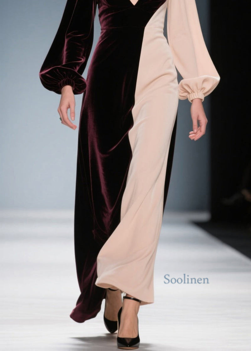Colorblock V Neck Patchwork Velvet Long Dress Spring