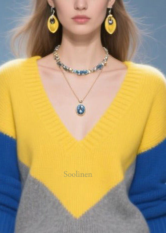 Colorblock V Neck Patchwork Warm Sweater Tops Winter
