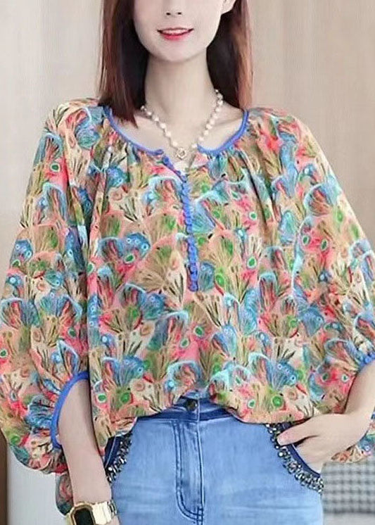 Elegant Colorblock V Neck Print Chiffon Shirt Tops Summer