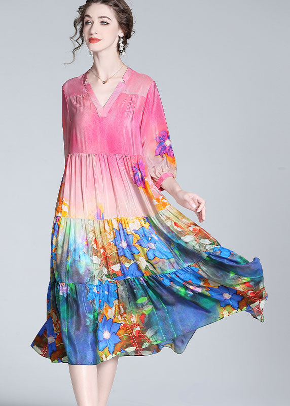 Colorblock V Neck Print Wrinkled Silk Dresses Bracelet Sleeve