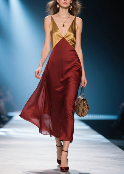 Colorblock V Neck Silk Long Dress Summer