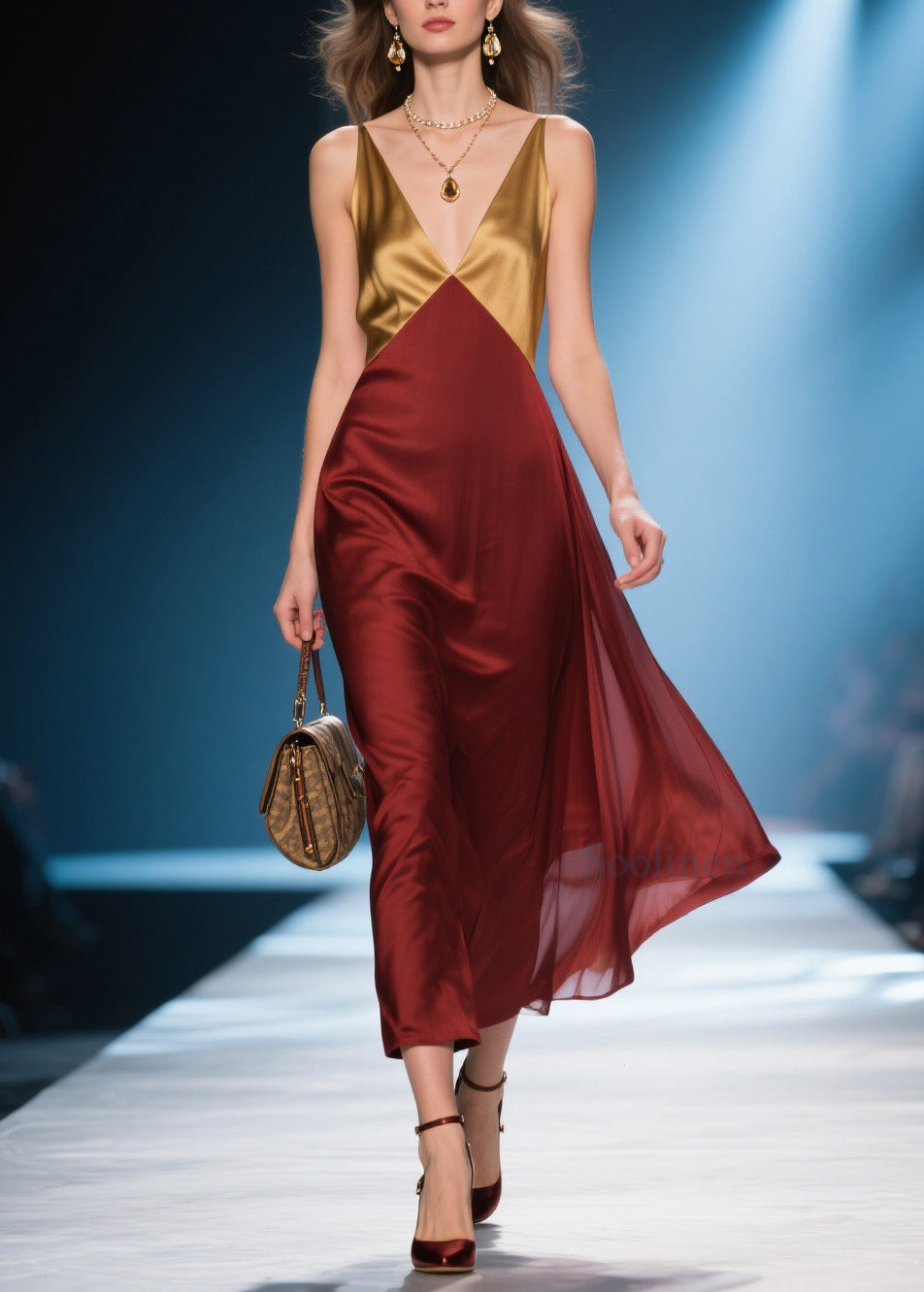 Colorblock V Neck Silk Long Dress Summer