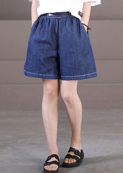 Dark Blue Elastic Waist Pockets Cotton Hot Pants Shorts Summer
