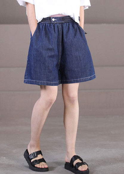 Dark Blue Elastic Waist Pockets Cotton Hot Pants Shorts Summer