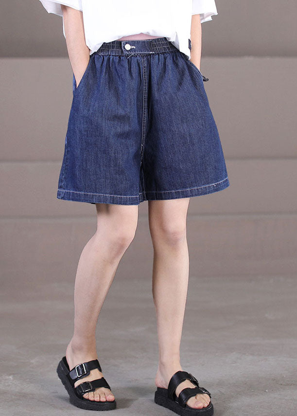Dark Blue Elastic Waist Pockets Cotton Hot Pants Shorts Summer