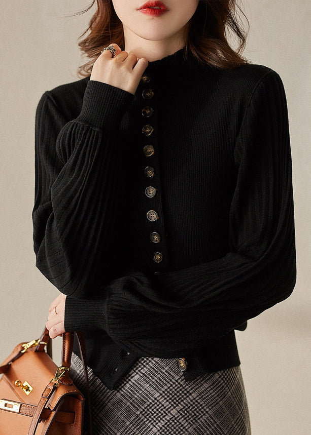 Dark Gray O-neck Button Woolen Cardigans Long Sleeve
