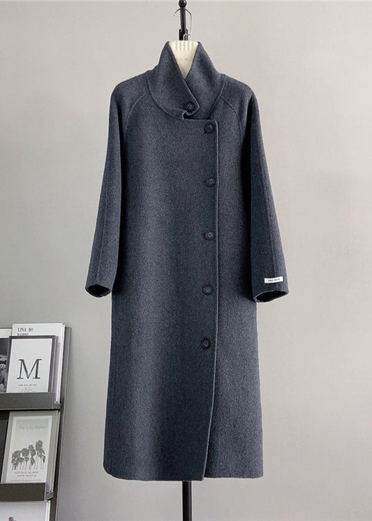 Dark Grey Stand Collar Tie Waist Woolen Coat Winter