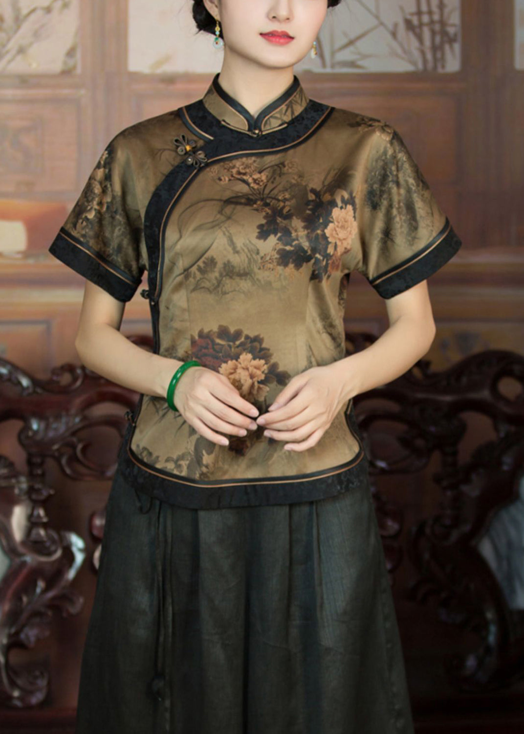 Dark Khaki Button Print Patchwork Silk Shirts Summer