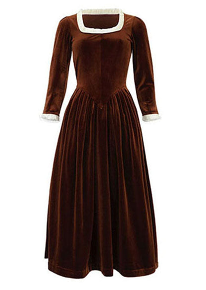 Dark Orange Square Collar Patchwork Silk Velour Long Dress Spring