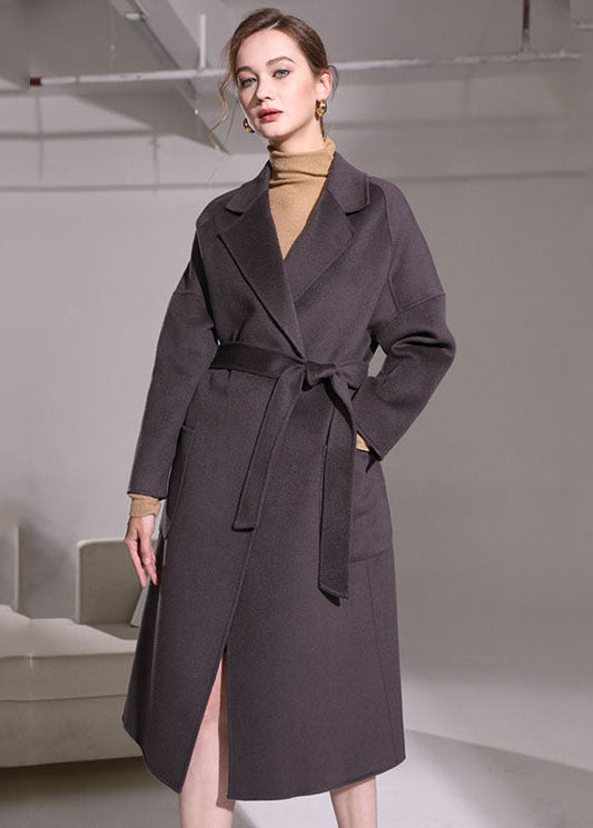 Dark Purple Peter Pan Collar Pockets Woolen Wrap Coat Winter