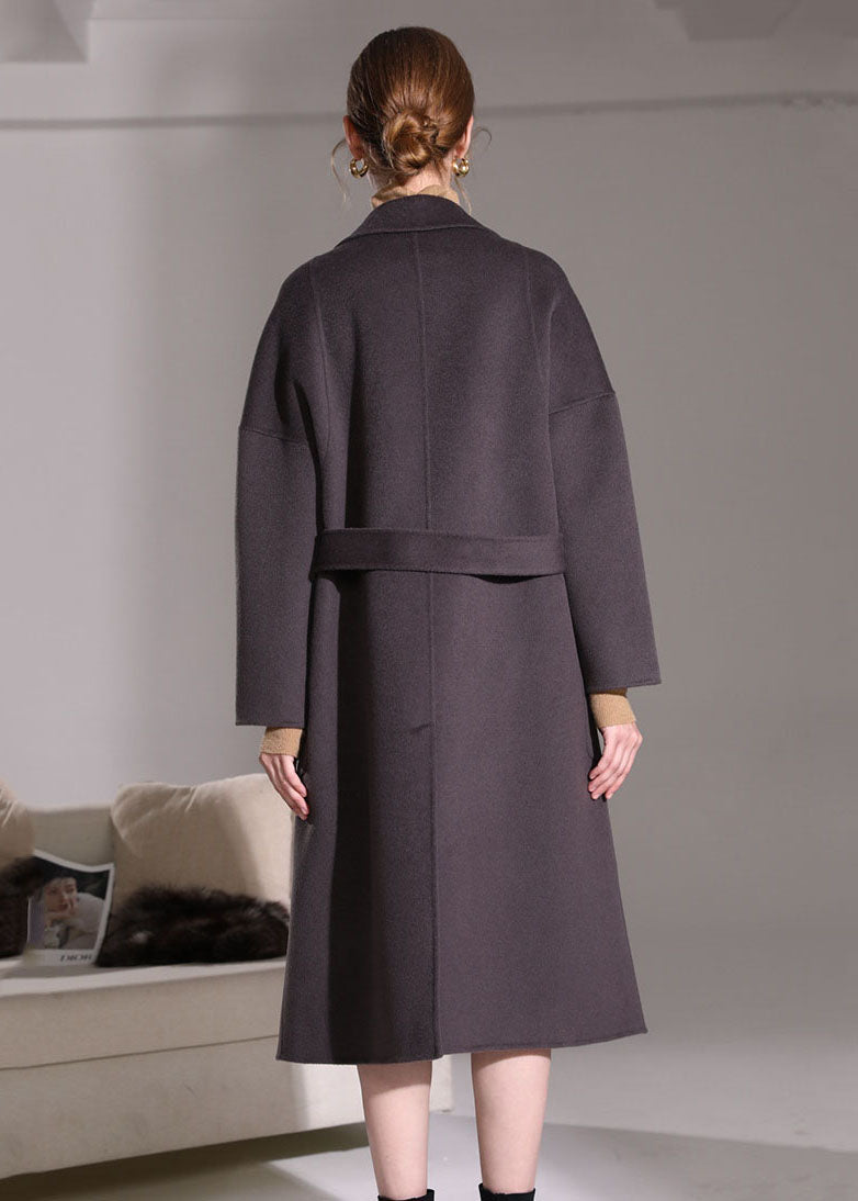 Dark Purple Peter Pan Collar Pockets Woolen Wrap Coat Winter