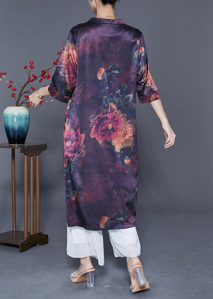 Dark Purple V Neck Print Silk Long Dress Summer