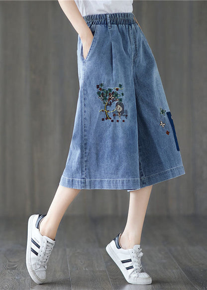 Denim Blue Elastic Waist Embroideried Cotton Wide Leg Pants Summer