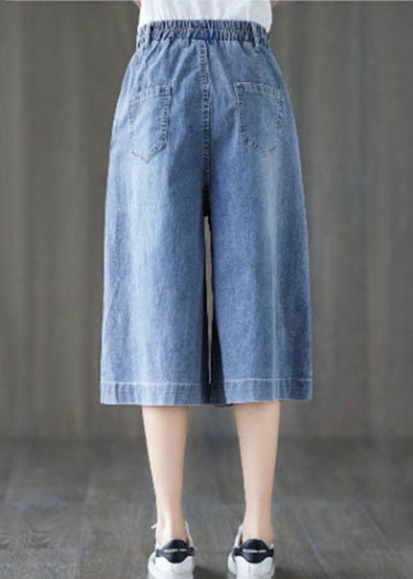 Denim Blue Elastic Waist Embroideried Cotton Wide Leg Pants Summer