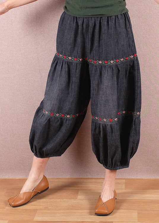 Denim Blue Elastic Waist Oriental Embroideried Patchwork Cotton Lantern Pants Summer