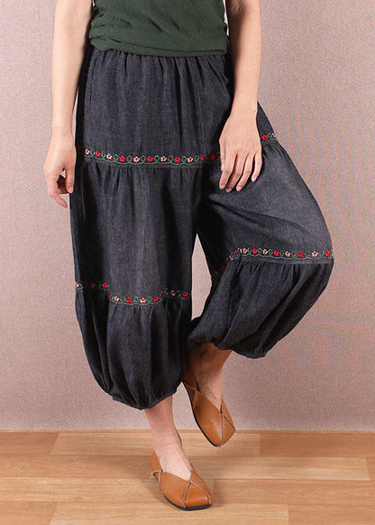 Denim Blue Elastic Waist Oriental Embroideried Patchwork Cotton Lantern Pants Summer