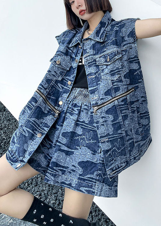 Denim Blue Loose Button Zippered Print Fall Two Piece Set Clothing Sleeveless