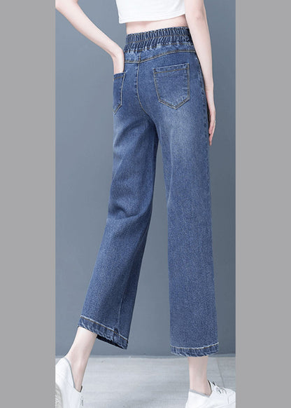 Denim Blue Patchwork Elastic Waist Crop Wide Leg Pants
