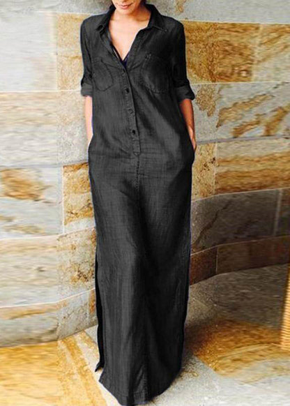 Denim Blue Peter Pan Collar Patchwork Pockets Maxi Shirts Dresses Long Sleeve