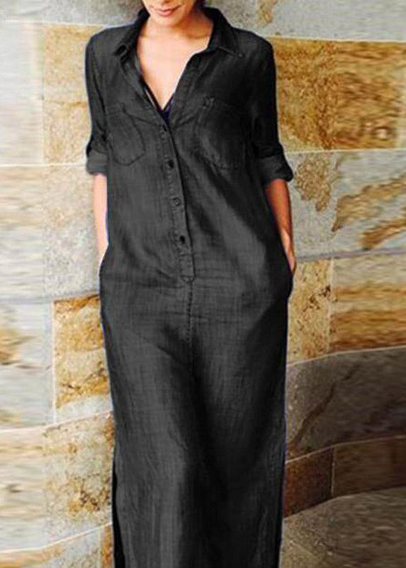 Denim Blue Peter Pan Collar Patchwork Pockets Maxi Shirts Dresses Long Sleeve