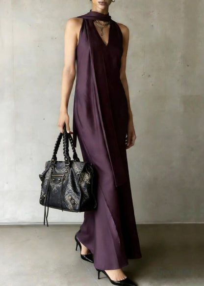 Dull Purple Cold Shoulder With Scarf Chiffon Robe Dresses Summer