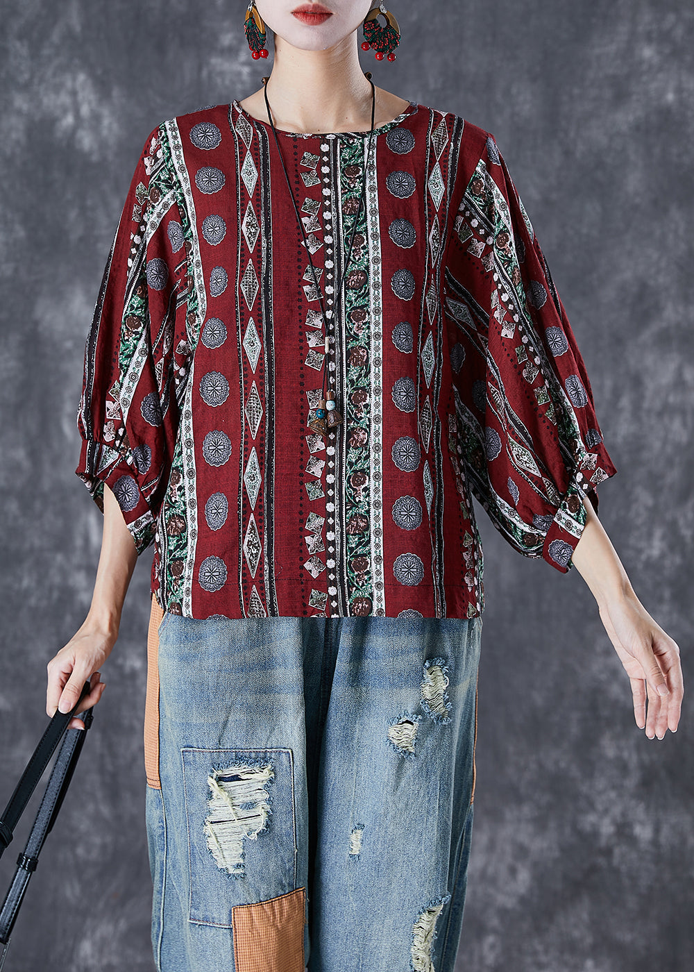 Dull Red Print Cotton Blouse Top Bracelet Sleeve