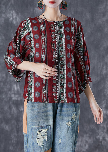 Dull Red Print Cotton Blouse Top Bracelet Sleeve