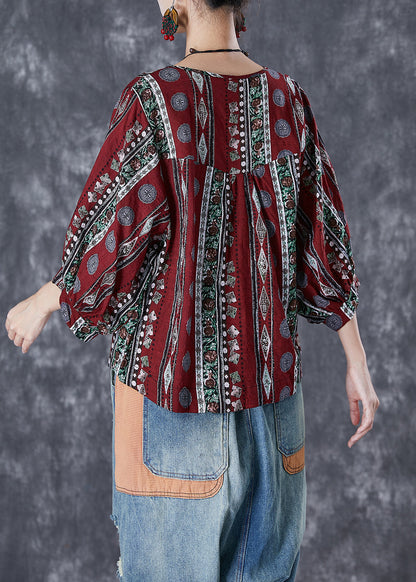 Dull Red Print Cotton Blouse Top Bracelet Sleeve