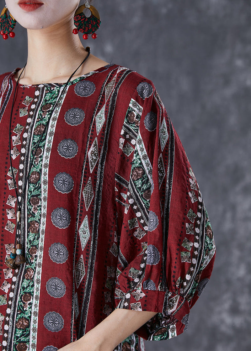Dull Red Print Cotton Blouse Top Bracelet Sleeve