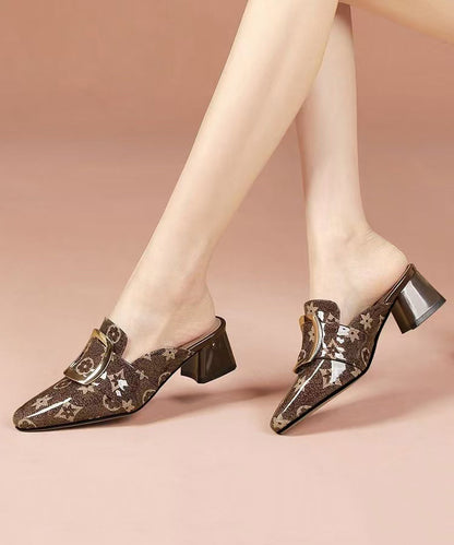 Embossed Chunky Brown Cowhide Leather Slide Sandals