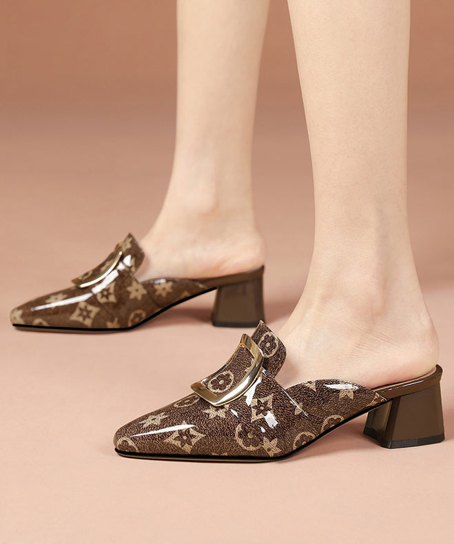 Embossed Chunky Brown Cowhide Leather Slide Sandals