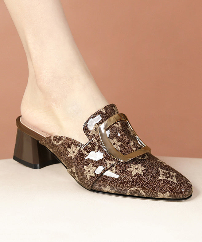 Embossed Chunky Brown Cowhide Leather Slide Sandals