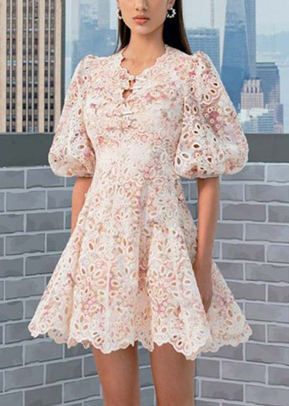 Embroidered Hollow Out Cotton Mid Dress Puff Sleeve