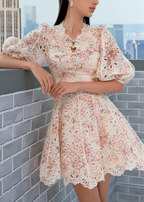 Embroidered Hollow Out Cotton Mid Dress Puff Sleeve