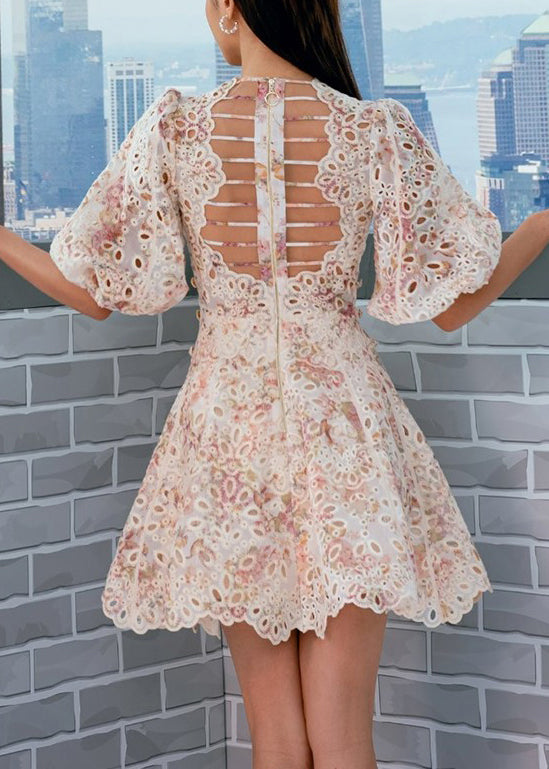 Embroidered Hollow Out Cotton Mid Dress Puff Sleeve