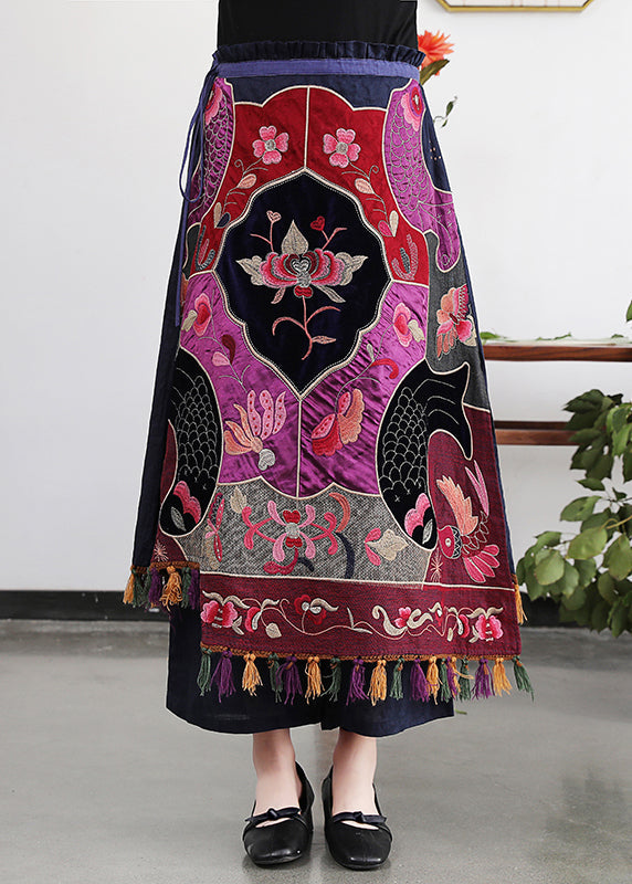 Embroideried Tassel Drawstring Tie Waist Elastic Waist Skirt Summer