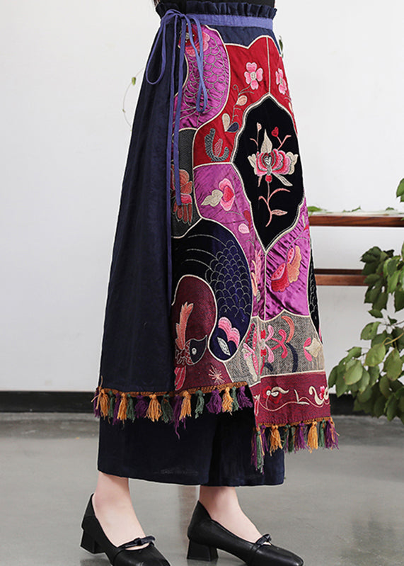 Embroideried Tassel Drawstring Tie Waist Elastic Waist Skirt Summer
