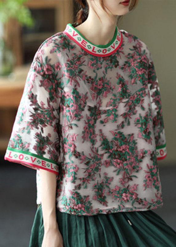 Embroideried Retro O-neck Summer Blouses Half Sleeve