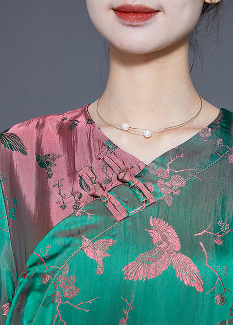 Fluorescent Green Chinese Button Jacquard Silk Dresses Summer