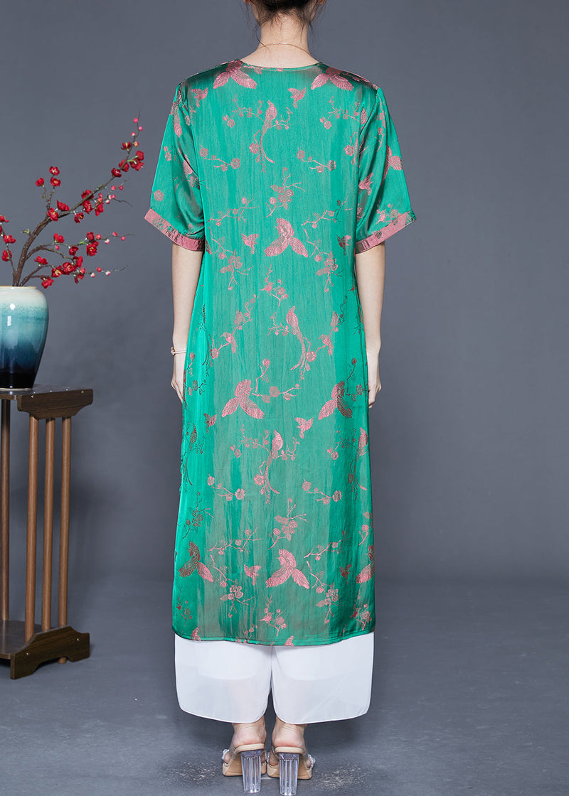 Fluorescent Green Chinese Button Jacquard Silk Dresses Summer