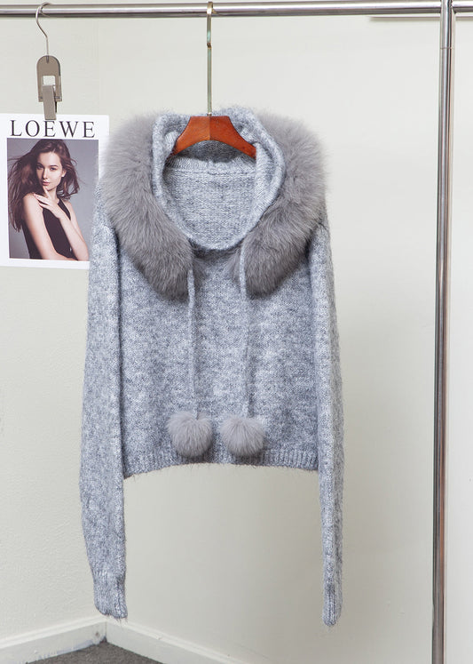 Fox Collar Fuzzy Ball Decorated Warm Knit Sweater Winter